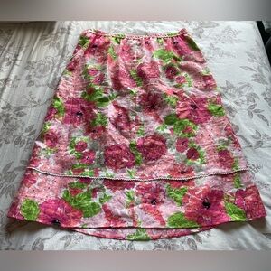 Vintage Pull On Linen Blend Floral Midi Skirt XL Petite Cottage Fairy Boho Y2K